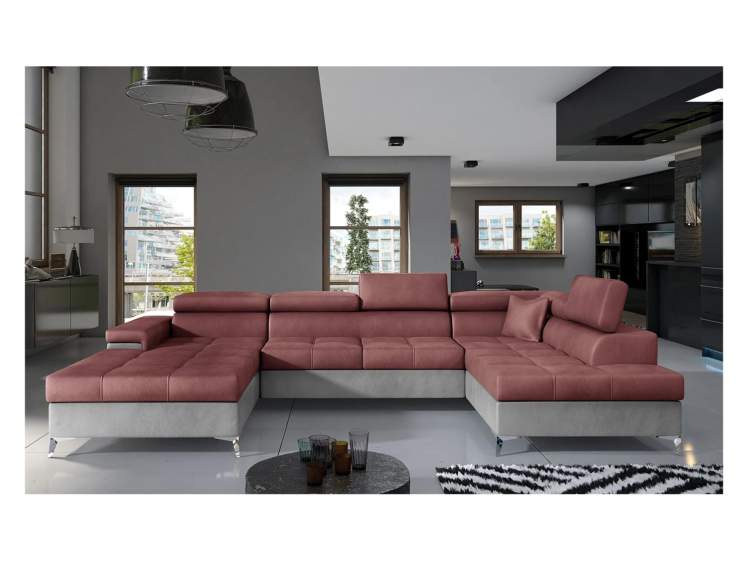 Canapé panoramique convertible KUTTY velours - Rangement et têtières réglables-Gris clair/Rose cuivré-Coffre à droite