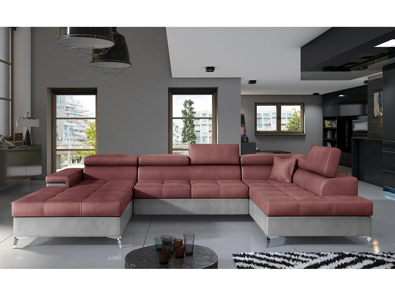 Canapé panoramique convertible KUTTY velours - Rangement et têtières réglables-Gris clair/Rose cuivré-Coffre à droite