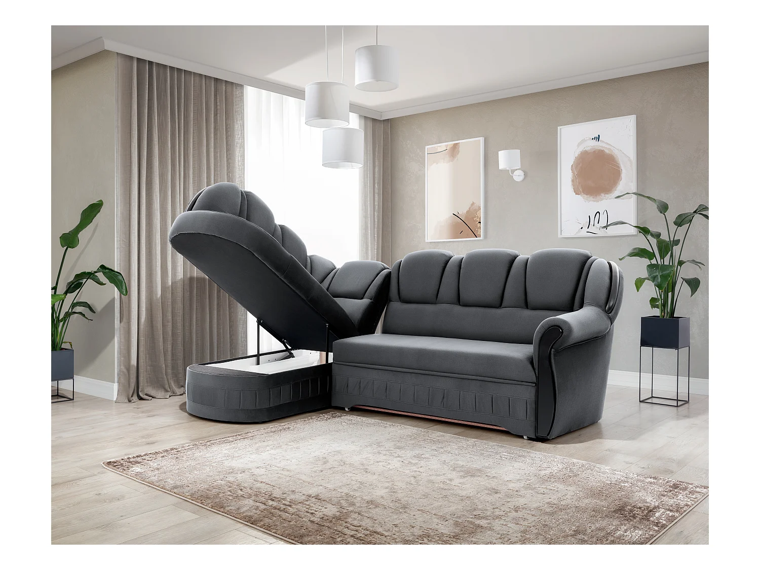 Canapé d'angle convertible avec rangement en velours Majesté-Gris-angle gauche