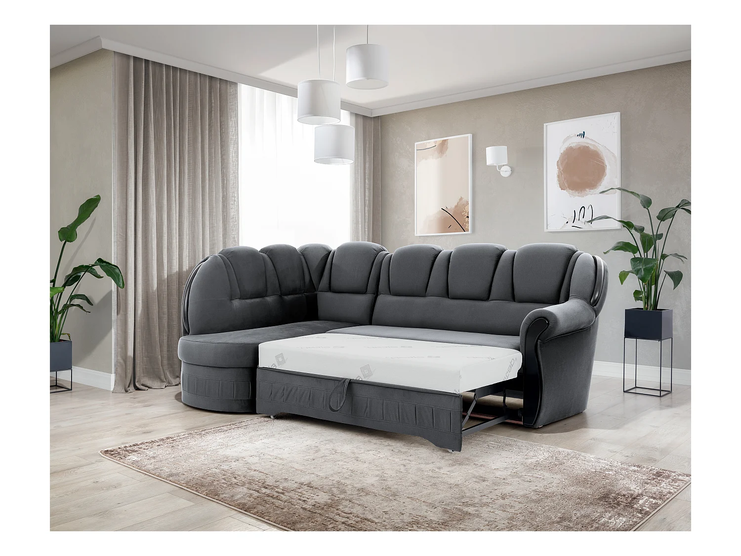 Canapé d'angle convertible avec rangement en velours Majesté-Gris-angle gauche