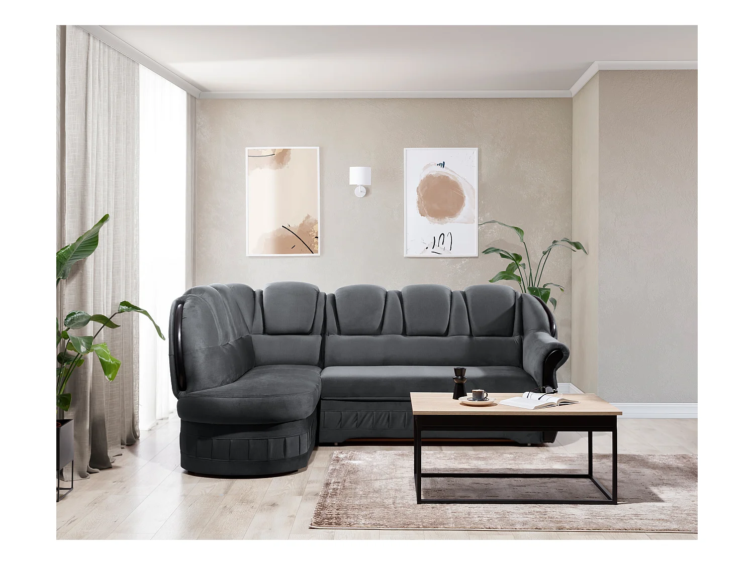 Canapé d'angle convertible avec rangement en velours Majesté-Gris-angle gauche