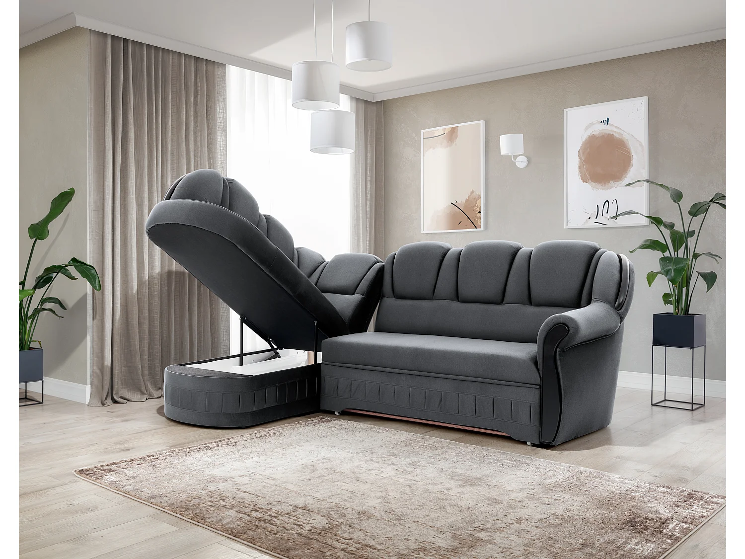 Canapé d'angle convertible avec rangement en velours Majesté-Gris-angle gauche