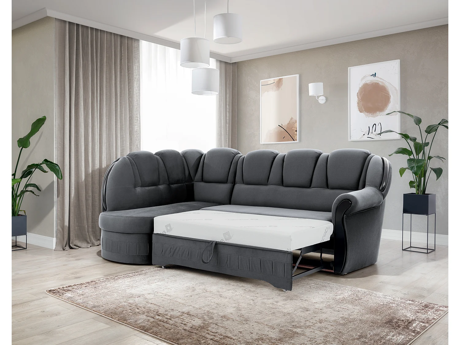 Canapé d'angle convertible avec rangement en velours Majesté-Gris-angle gauche