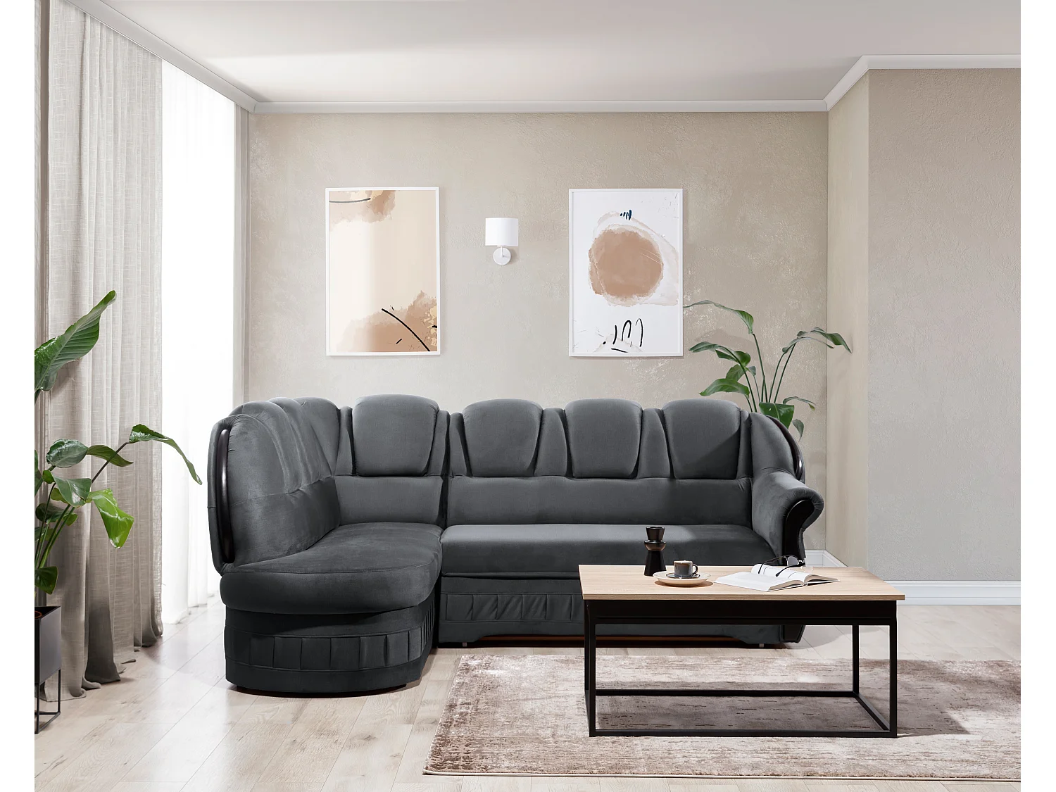 Canapé d'angle convertible avec rangement en velours Majesté-Gris-angle gauche