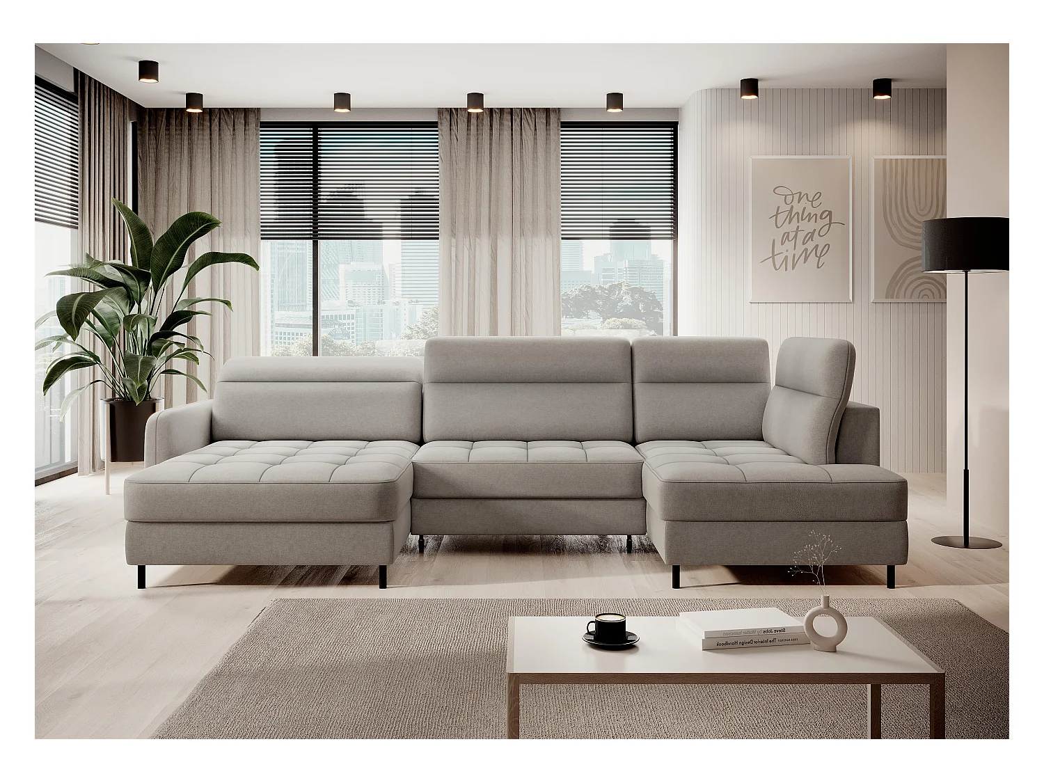 Canapé panoramique convertible BENTO en tissu avec coffre de rangement-Gris taupe-angle gauche