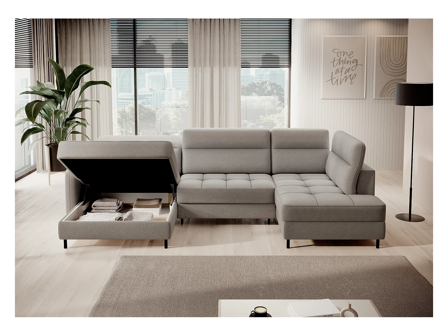 Canapé panoramique convertible BENTO en tissu avec coffre de rangement-Gris taupe-angle gauche