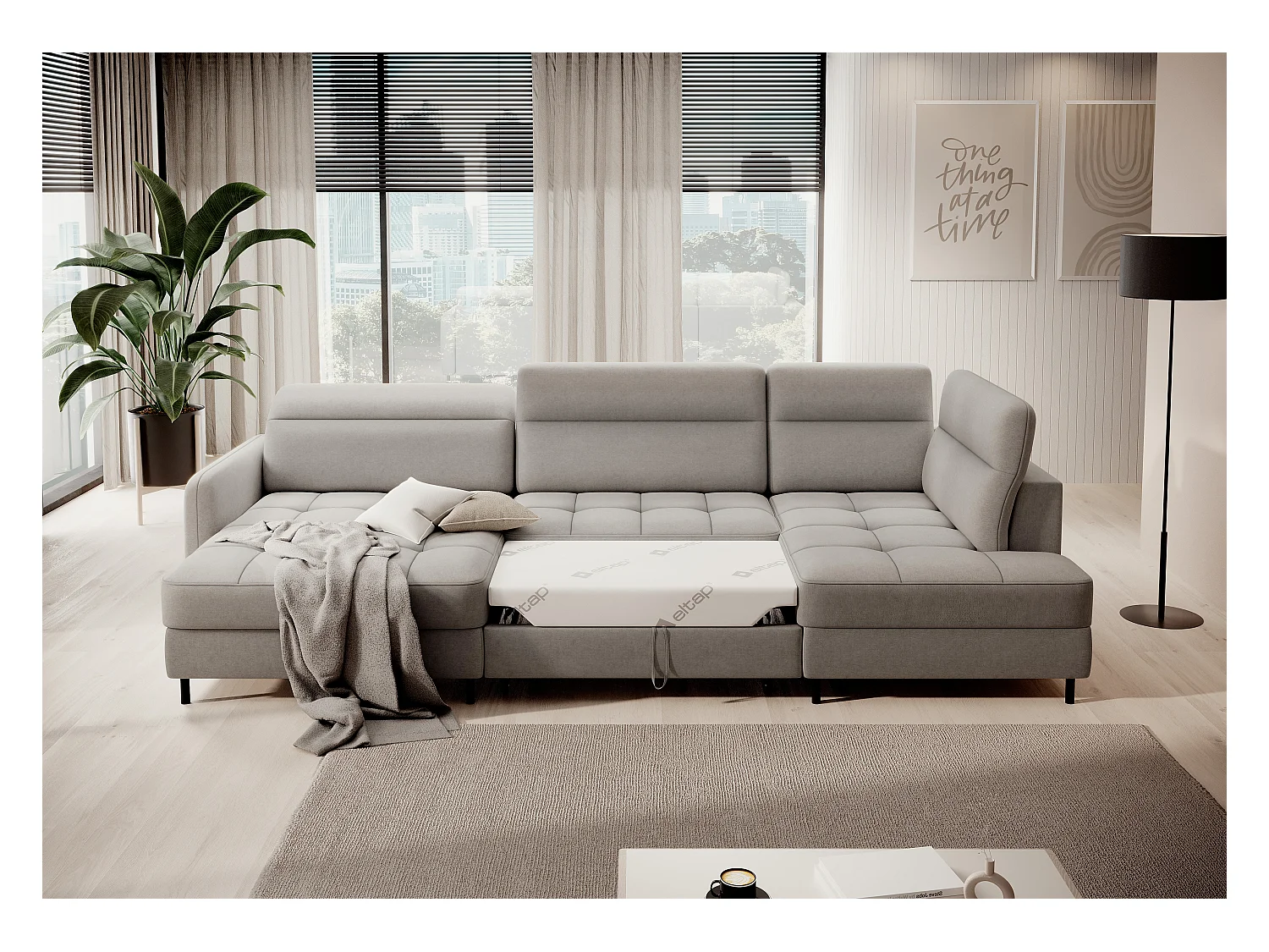 Canapé panoramique convertible BENTO en tissu avec coffre de rangement-Gris taupe-angle gauche