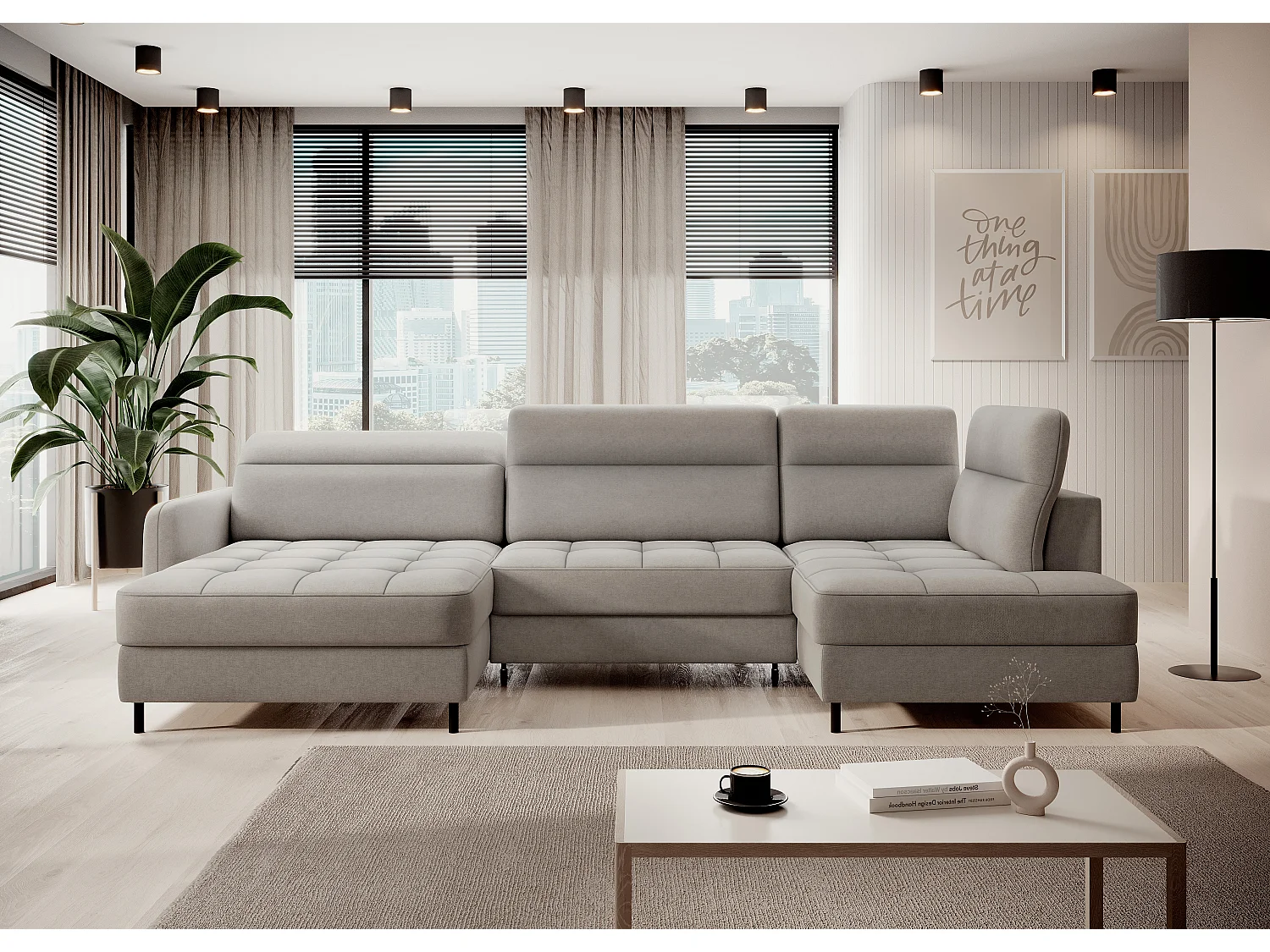 Canapé panoramique convertible BENTO en tissu avec coffre de rangement-Gris taupe-angle gauche