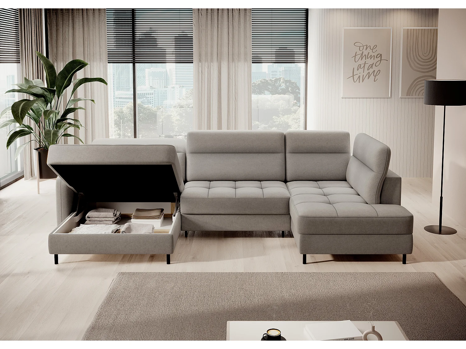 Canapé panoramique convertible BENTO en tissu avec coffre de rangement-Gris taupe-angle gauche