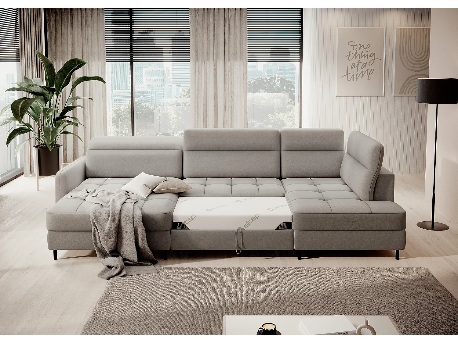 Canapé panoramique convertible BENTO en tissu avec coffre de rangement-Gris taupe-angle gauche