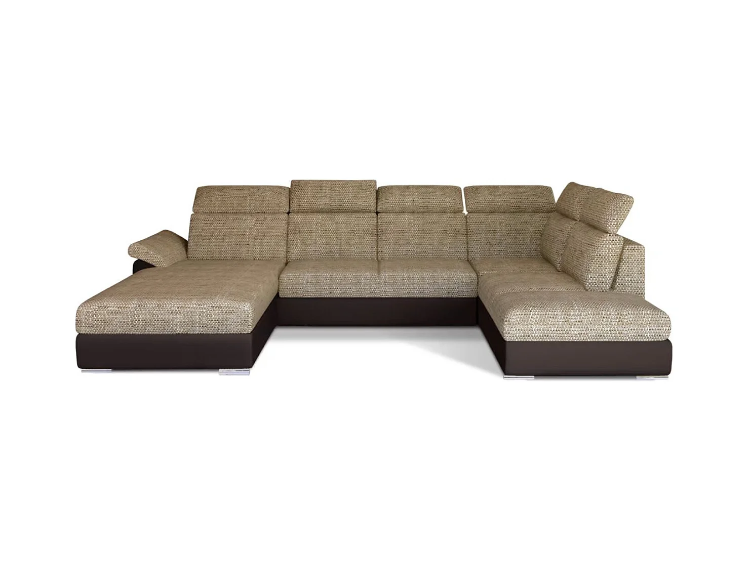 Canapé Convertible Panoramique LEVANO Tissu et Simili Cuir, Têtières-Marron/Beige clair chiné-Coffre à gauche