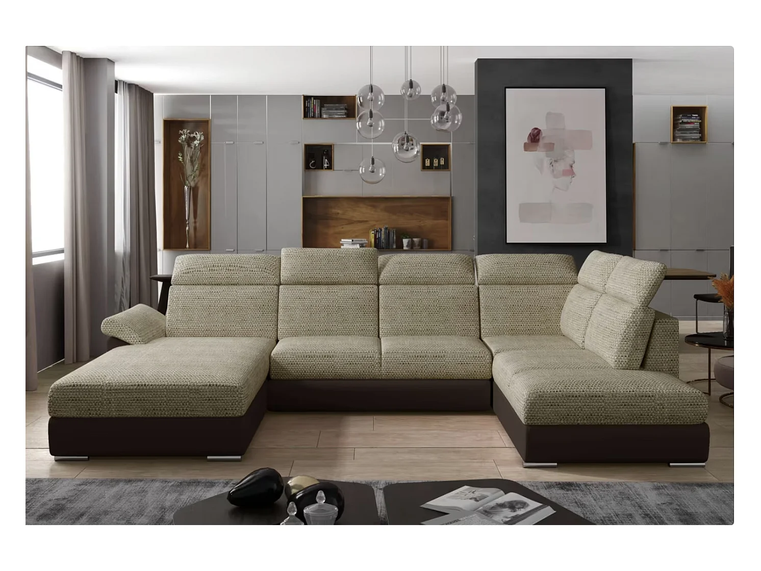 Canapé Convertible Panoramique LEVANO Tissu et Simili Cuir, Têtières-Marron/Beige clair chiné-Coffre à gauche