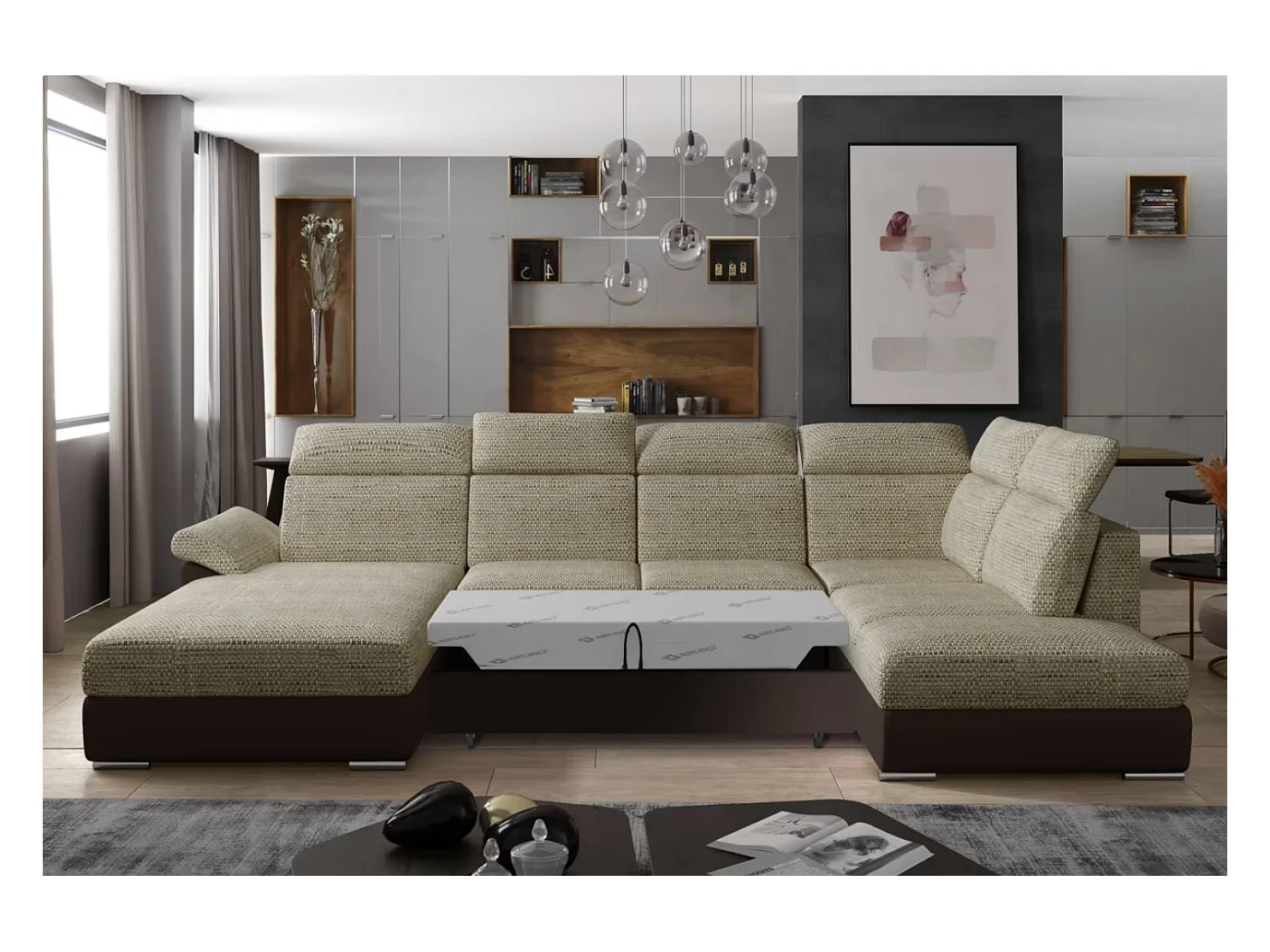 Canapé Convertible Panoramique LEVANO Tissu et Simili Cuir, Têtières-Marron/Beige clair chiné-Coffre à gauche