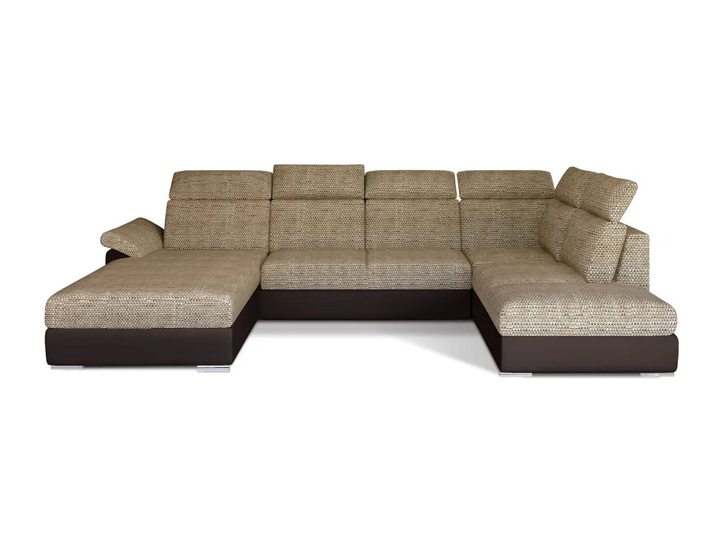 Canapé Convertible Panoramique LEVANO Tissu et Simili Cuir, Têtières-Marron/Beige clair chiné-Coffre à gauche