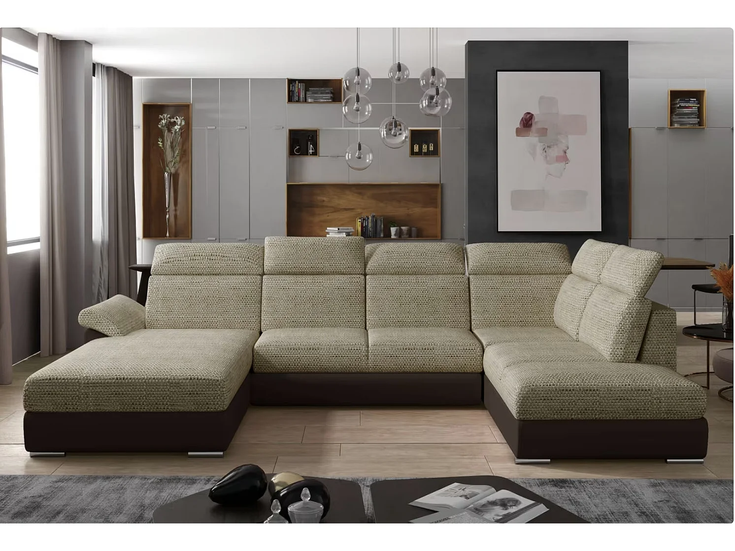 Canapé Convertible Panoramique LEVANO Tissu et Simili Cuir, Têtières-Marron/Beige clair chiné-Coffre à gauche