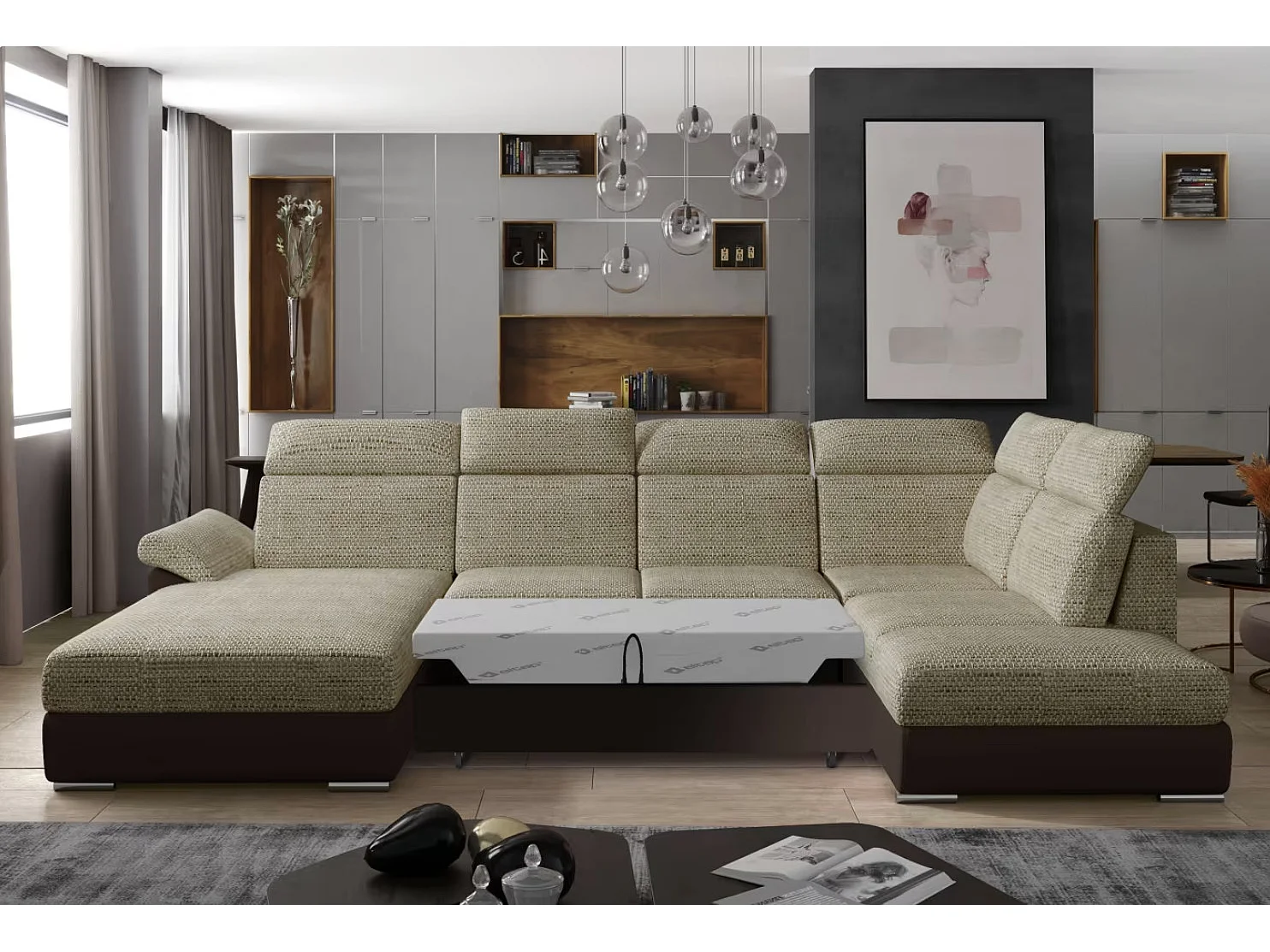 Canapé Convertible Panoramique LEVANO Tissu et Simili Cuir, Têtières-Marron/Beige clair chiné-Coffre à gauche