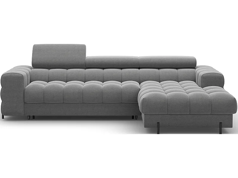 Canapé d’angle convertible velours appuis-tête réglables KATE – Coffre et pieds métal noir-Gris foncé-angle droit