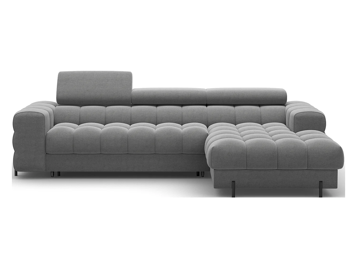 Canapé d’angle convertible velours appuis-tête réglables KATE – Coffre et pieds métal noir-Gris foncé-angle droit