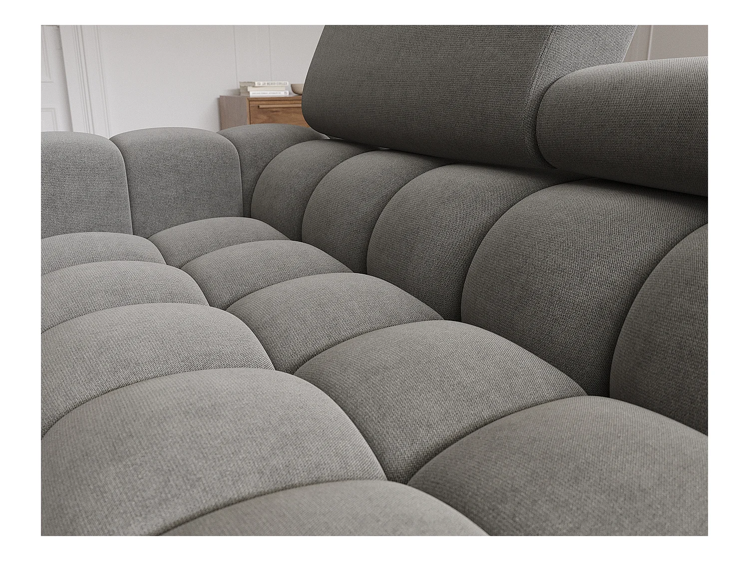 Canapé d’angle convertible velours appuis-tête réglables KATE – Coffre et pieds métal noir-Gris foncé-angle droit