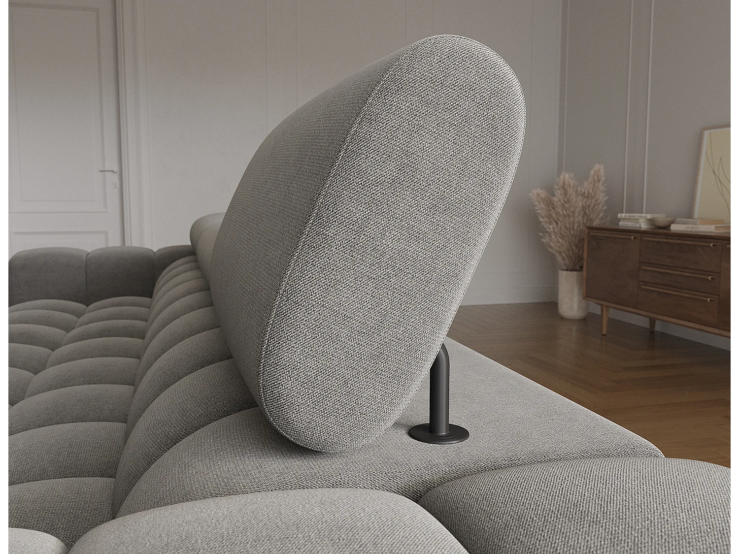 Canapé d’angle convertible velours appuis-tête réglables KATE – Coffre et pieds métal noir-Gris foncé-angle droit