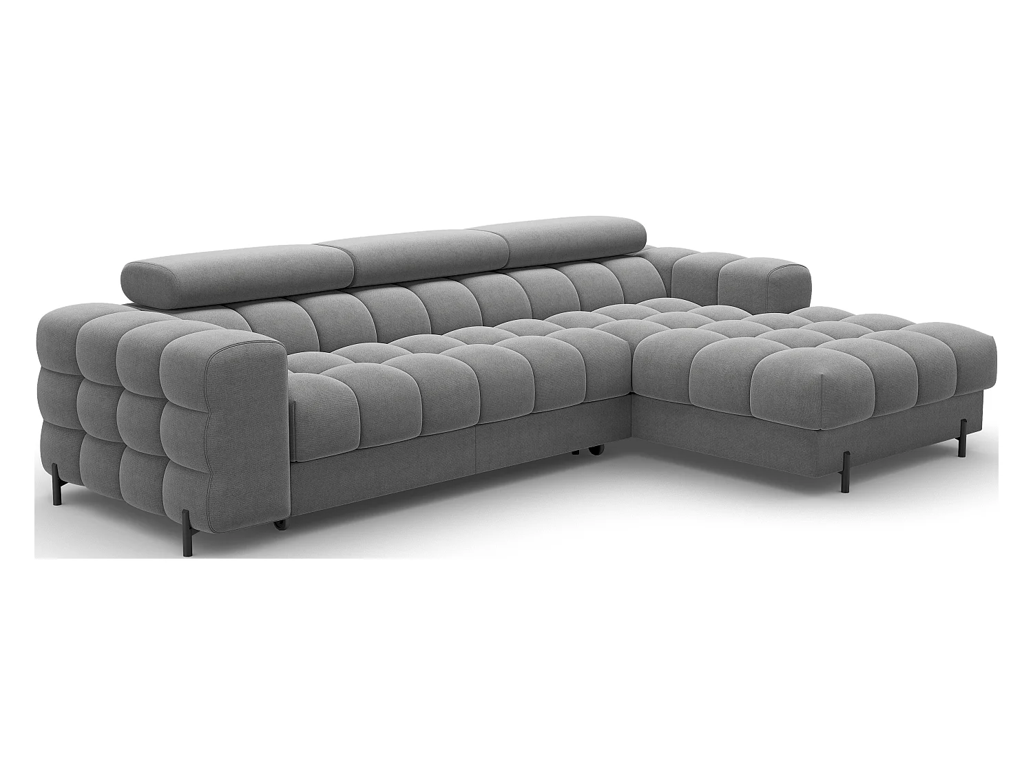 Canapé d’angle convertible velours appuis-tête réglables KATE – Coffre et pieds métal noir-Gris foncé-angle droit