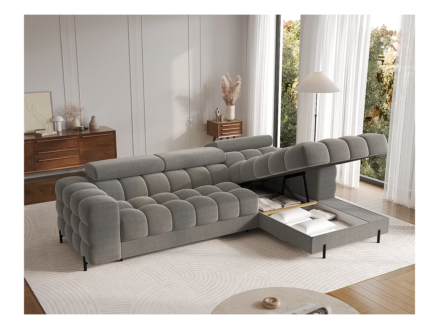 Canapé d’angle convertible velours appuis-tête réglables KATE – Coffre et pieds métal noir-Gris foncé-angle droit