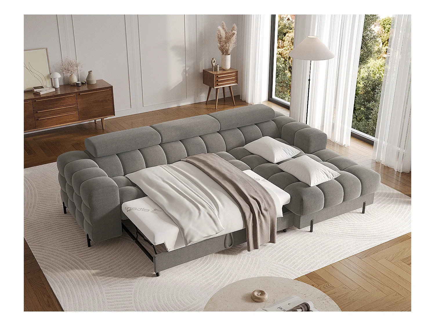 Canapé d’angle convertible velours appuis-tête réglables KATE – Coffre et pieds métal noir-Gris foncé-angle droit