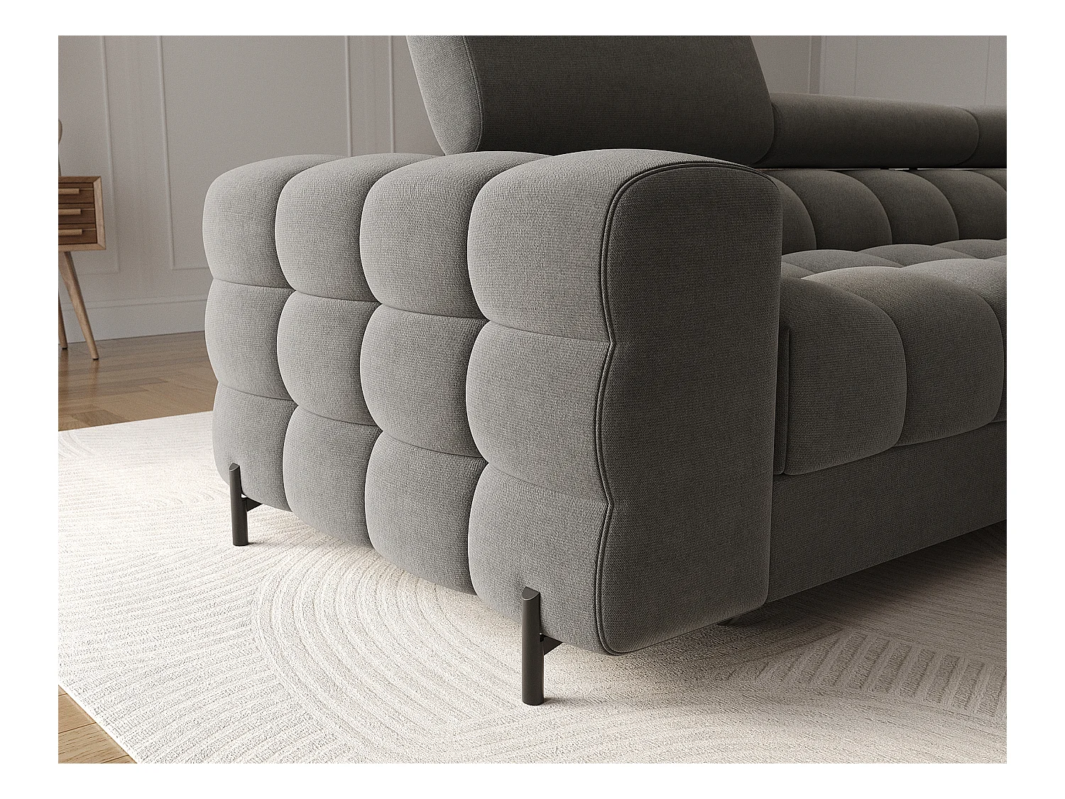 Canapé d’angle convertible velours appuis-tête réglables KATE – Coffre et pieds métal noir-Gris foncé-angle droit