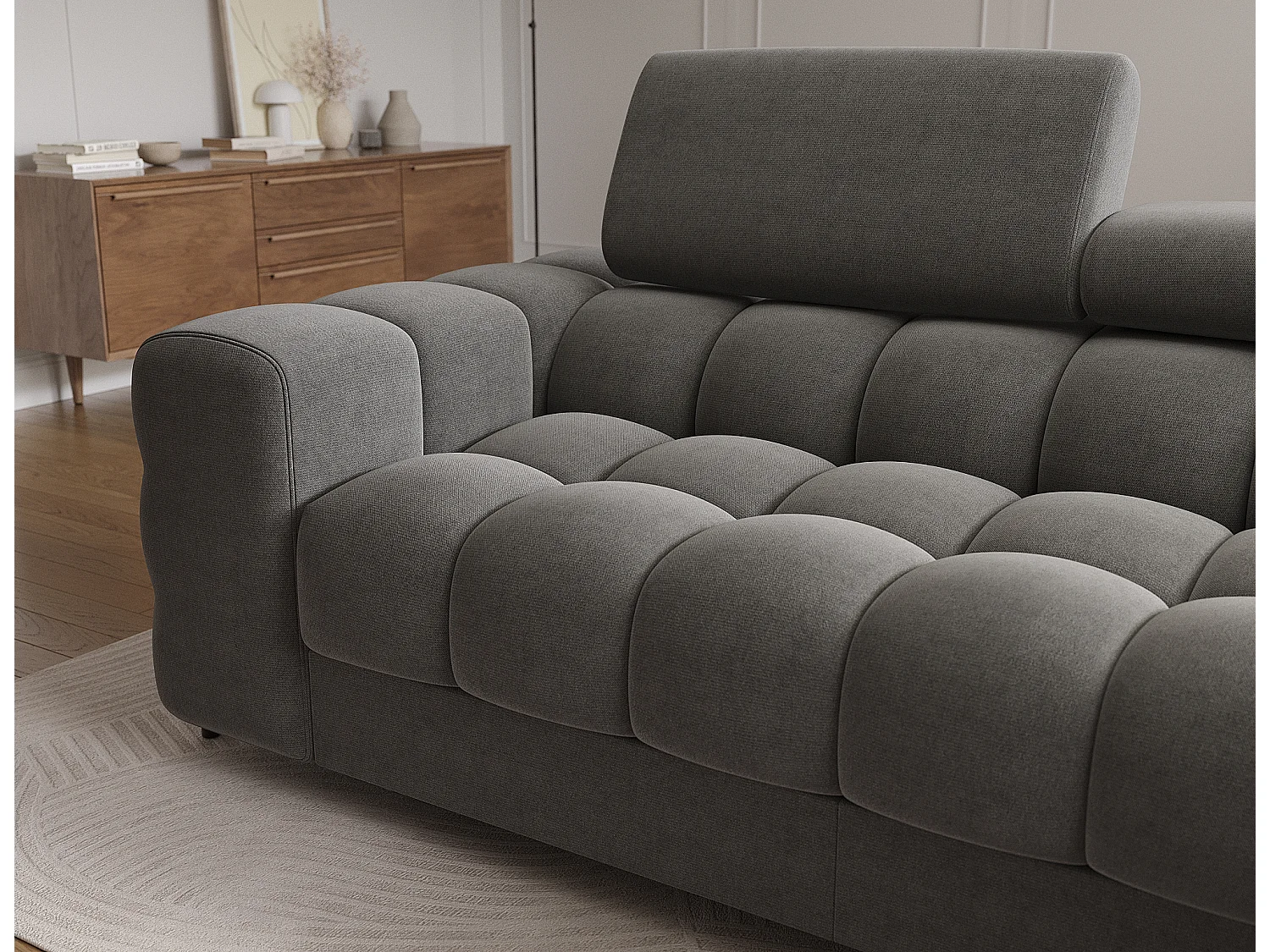 Canapé d’angle convertible velours appuis-tête réglables KATE – Coffre et pieds métal noir-Gris foncé-angle droit