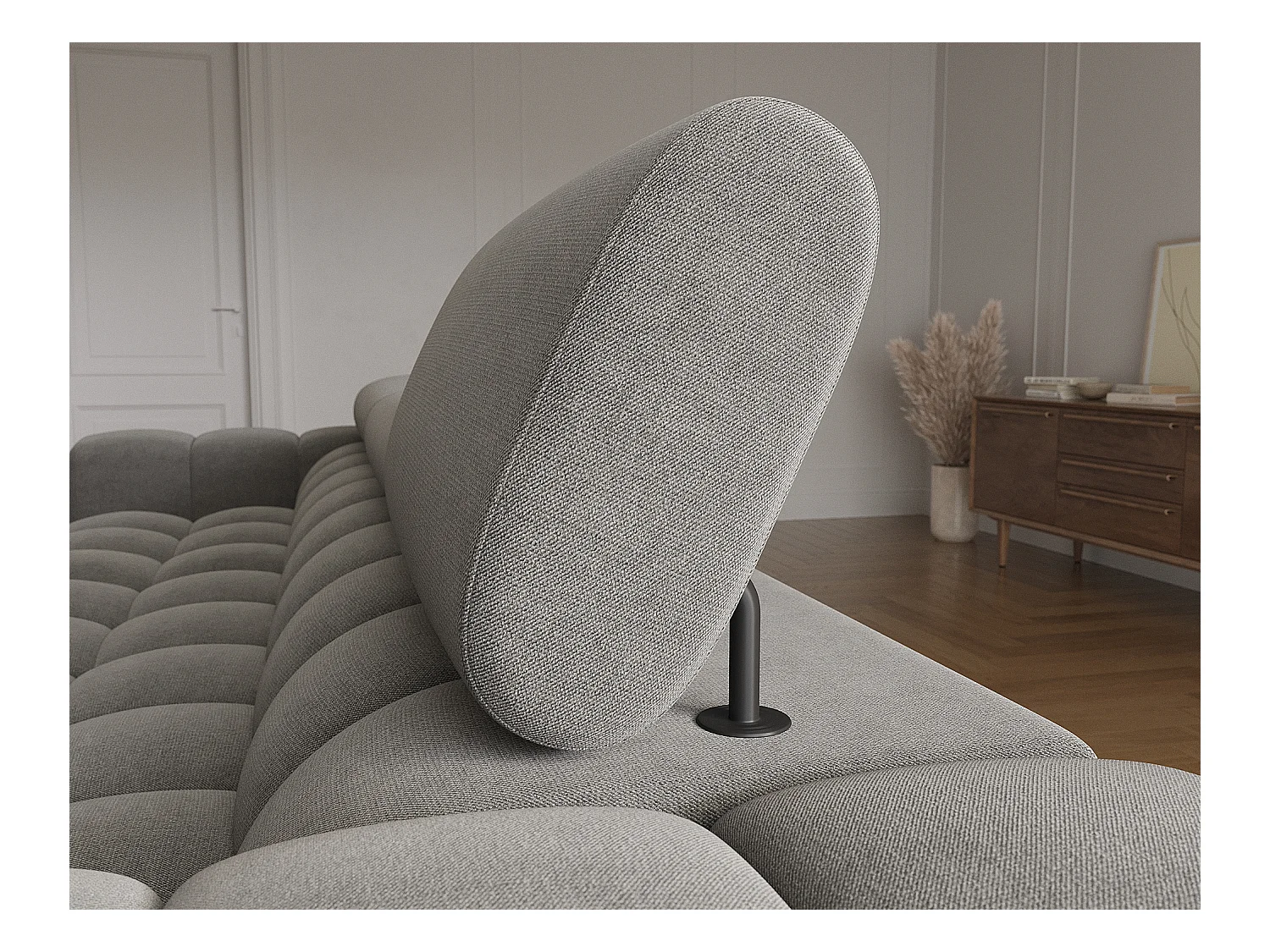 Canapé d’angle convertible velours appuis-tête réglables KATE – Coffre et pieds métal noir-Gris foncé-angle droit