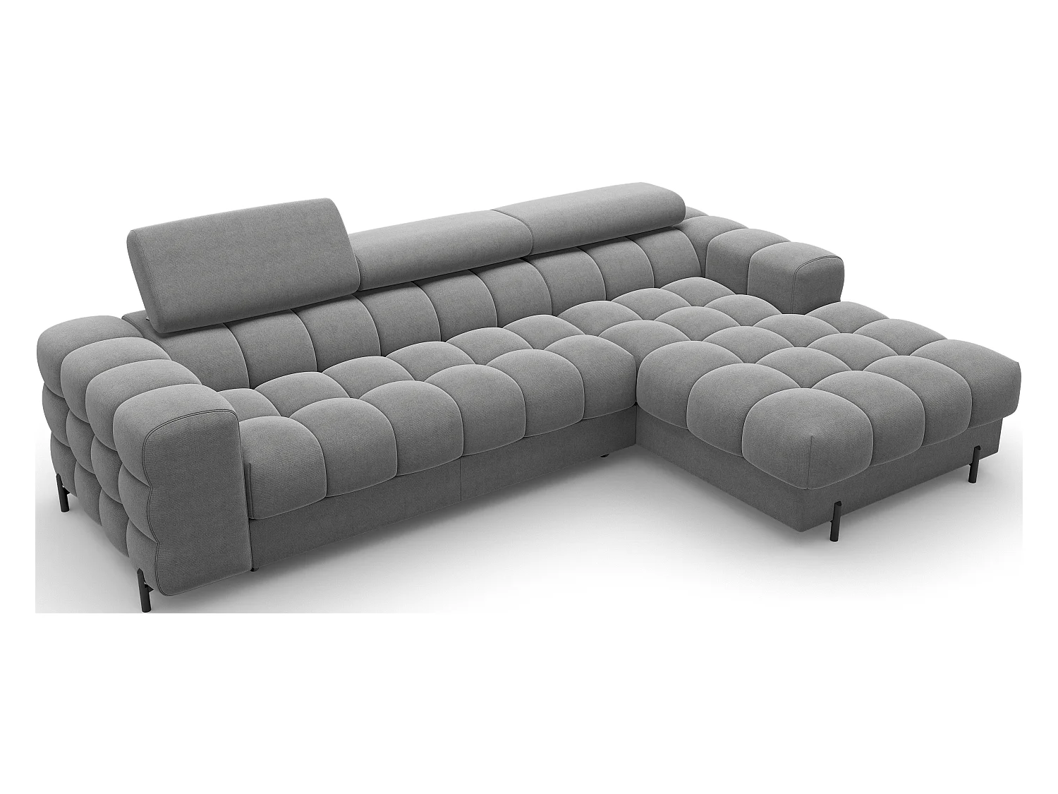 Canapé d’angle convertible velours appuis-tête réglables KATE – Coffre et pieds métal noir-Gris foncé-angle droit