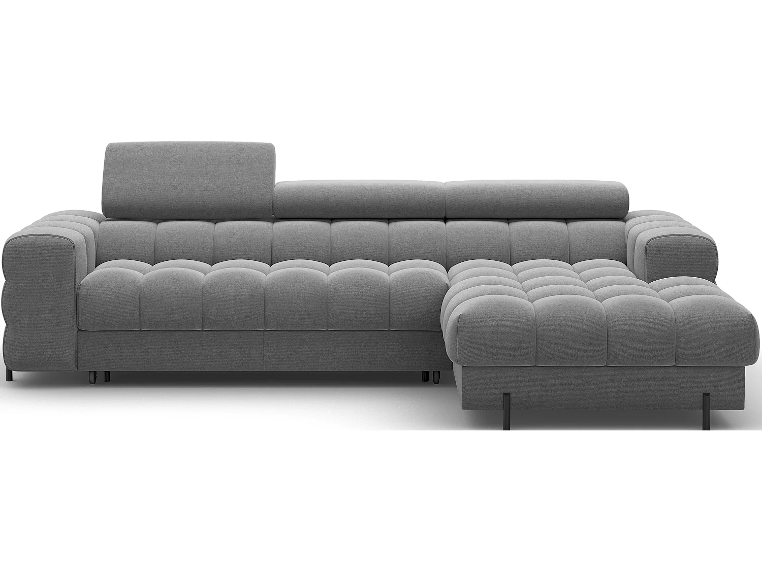 Canapé d’angle convertible velours appuis-tête réglables KATE – Coffre et pieds métal noir-Gris foncé-angle droit