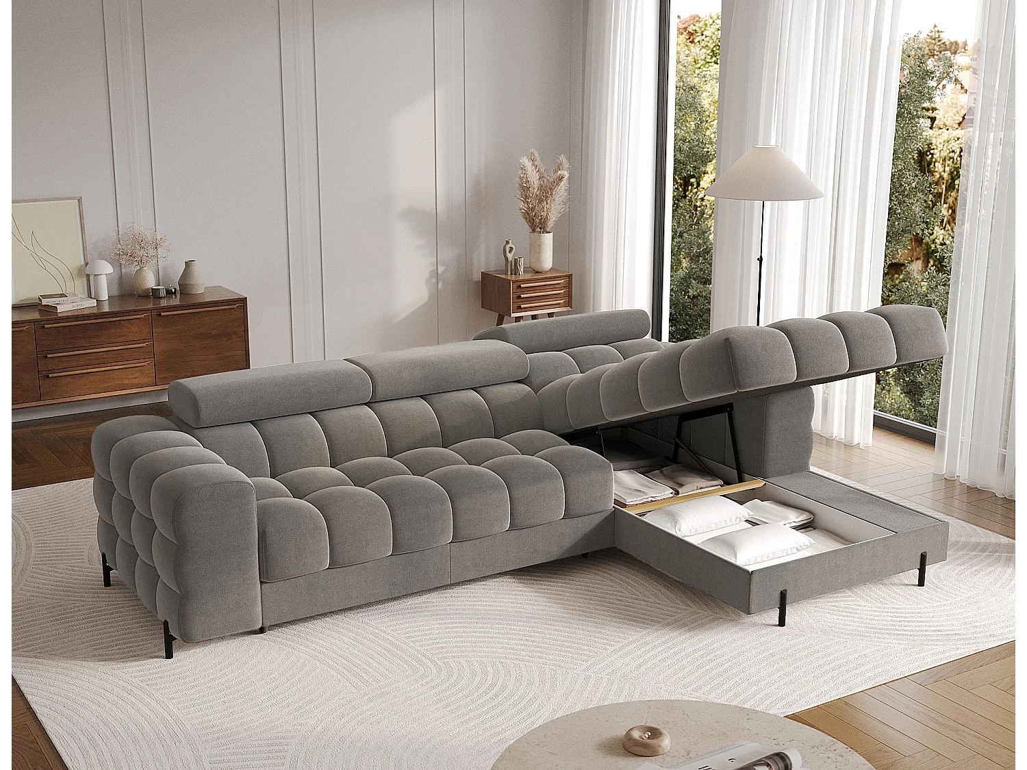 Canapé d’angle convertible velours appuis-tête réglables KATE – Coffre et pieds métal noir-Gris foncé-angle droit