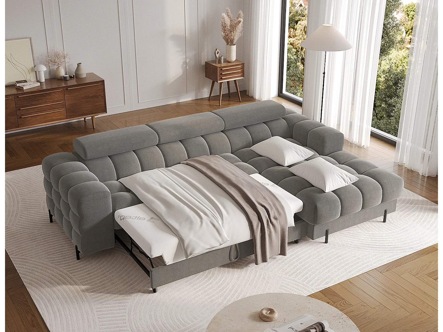 Canapé d’angle convertible velours appuis-tête réglables KATE – Coffre et pieds métal noir-Gris foncé-angle droit