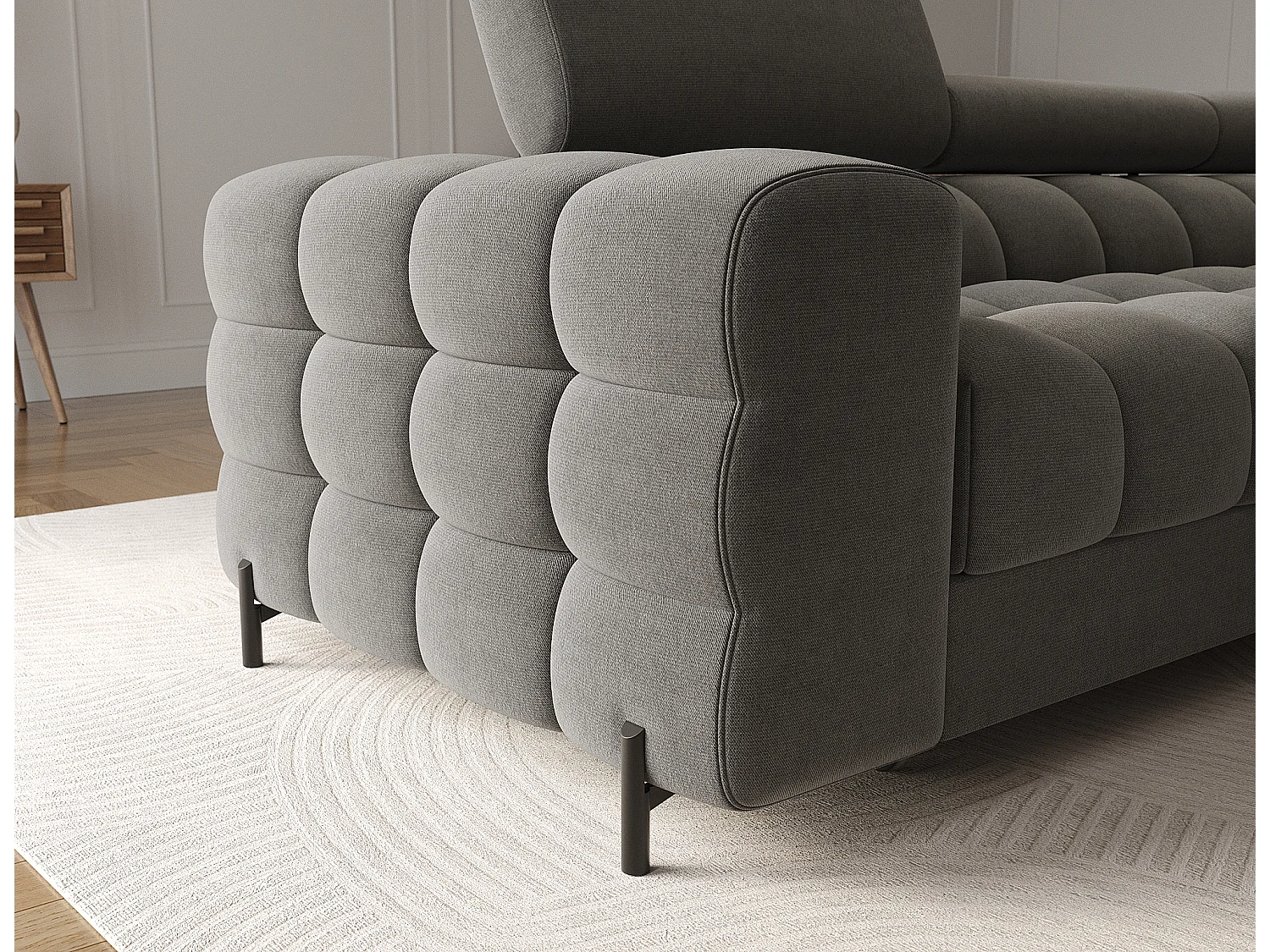 Canapé d’angle convertible velours appuis-tête réglables KATE – Coffre et pieds métal noir-Gris foncé-angle droit