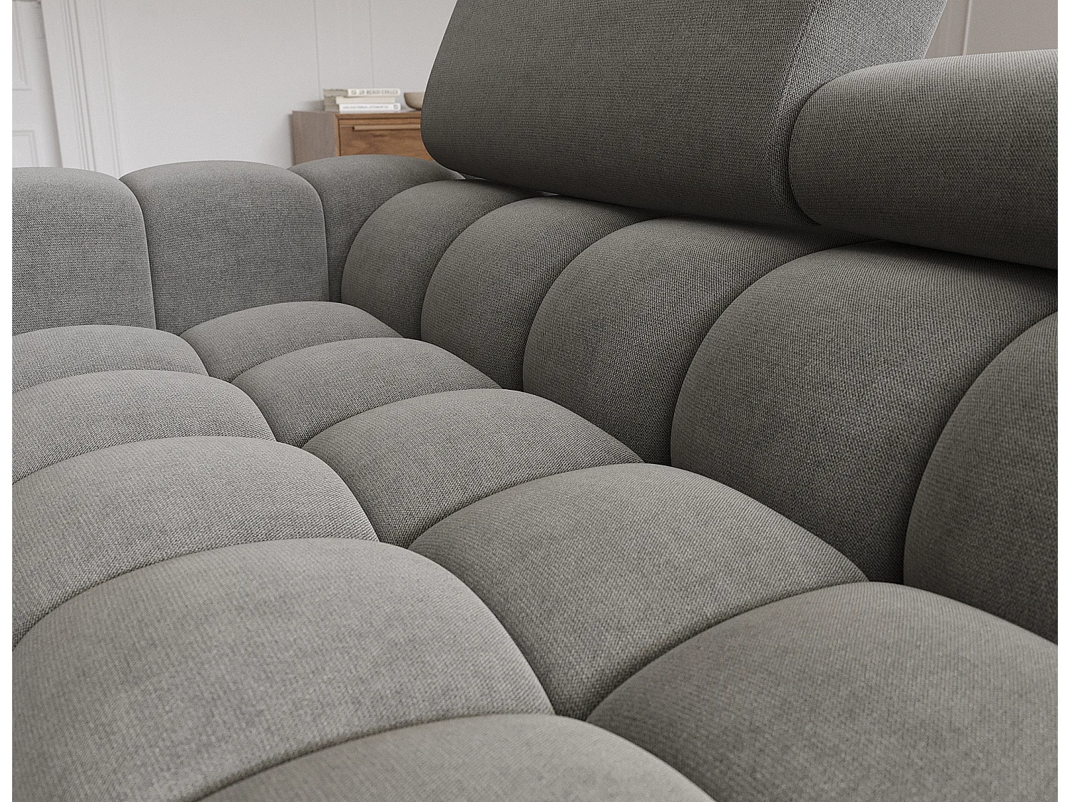 Canapé d’angle convertible velours appuis-tête réglables KATE – Coffre et pieds métal noir-Gris foncé-angle droit