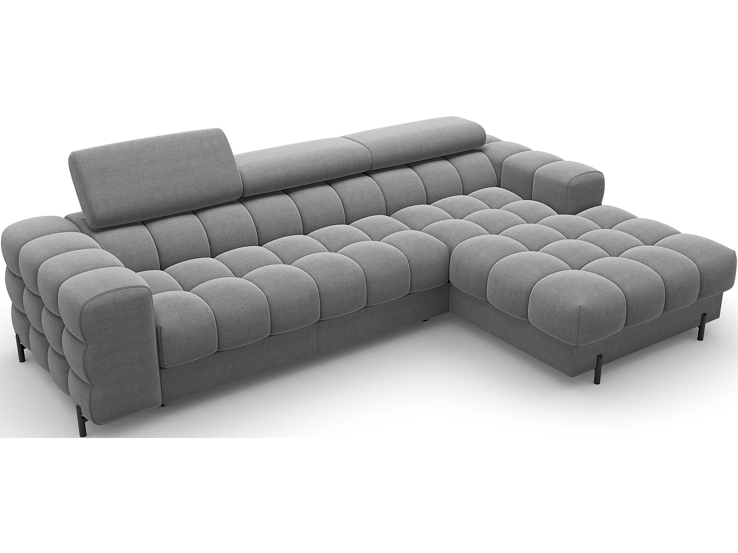 Canapé d’angle convertible velours appuis-tête réglables KATE – Coffre et pieds métal noir-Gris foncé-angle droit