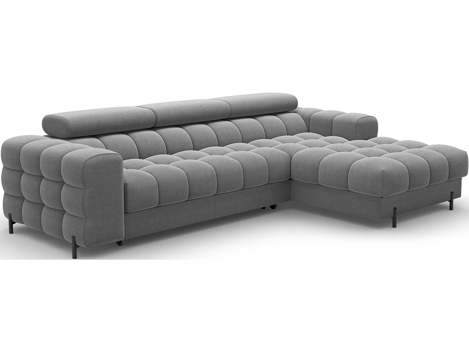 Canapé d’angle convertible velours appuis-tête réglables KATE – Coffre et pieds métal noir-Gris foncé-angle droit