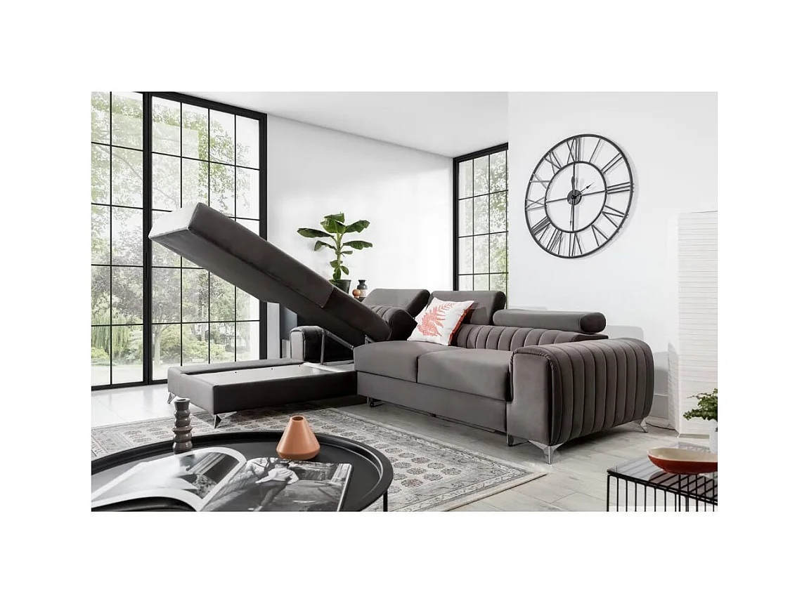 Canapé d'angle convertible velours têtière réglables GRENKY - Coffre, pieds acier chromé-Gris taupe-angle gauche