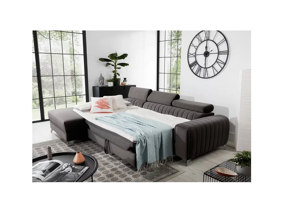 Canapé d'angle convertible velours têtière réglables GRENKY - Coffre, pieds acier chromé-Gris taupe-angle gauche