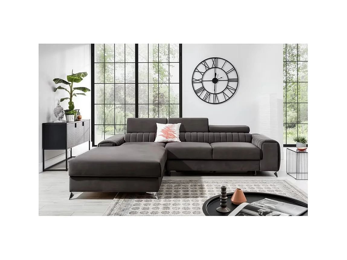 Canapé d'angle convertible velours têtière réglables GRENKY - Coffre, pieds acier chromé-Gris taupe-angle gauche