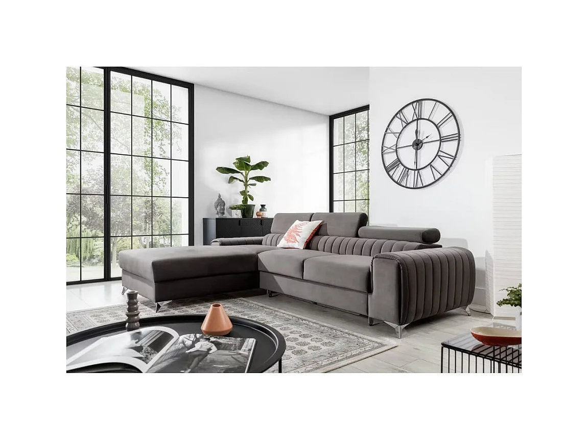Canapé d'angle convertible velours têtière réglables GRENKY - Coffre, pieds acier chromé-Gris taupe-angle gauche