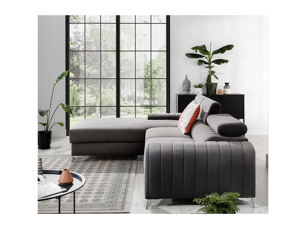 Canapé d'angle convertible velours têtière réglables GRENKY - Coffre, pieds acier chromé-Gris taupe-angle gauche