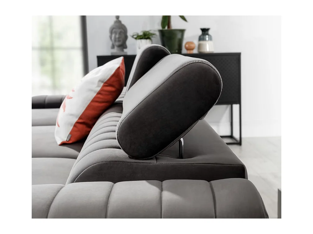 Canapé d'angle convertible velours têtière réglables GRENKY - Coffre, pieds acier chromé-Gris taupe-angle gauche