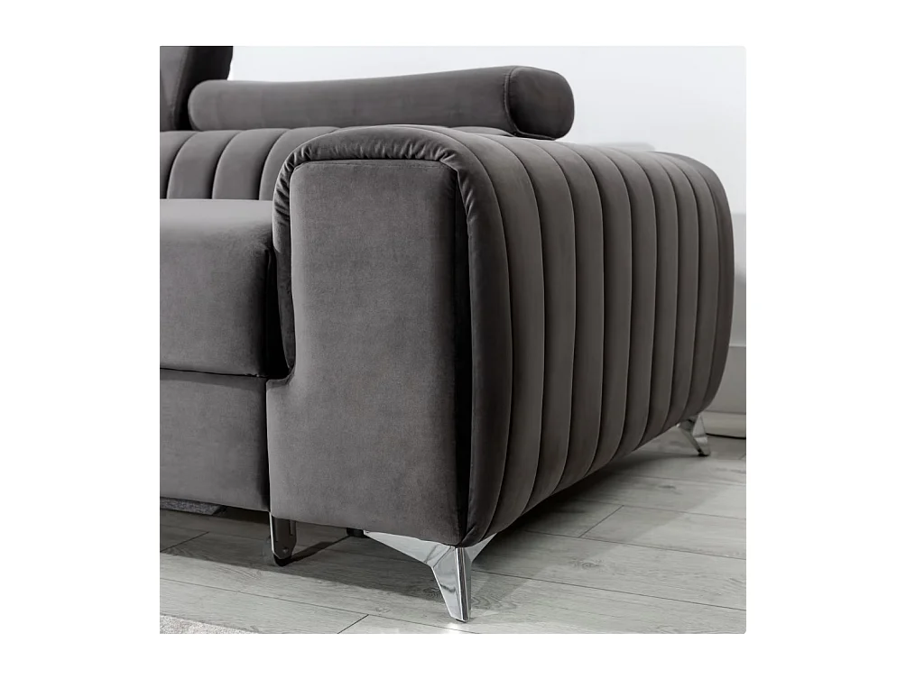 Canapé d'angle convertible velours têtière réglables GRENKY - Coffre, pieds acier chromé-Gris taupe-angle gauche