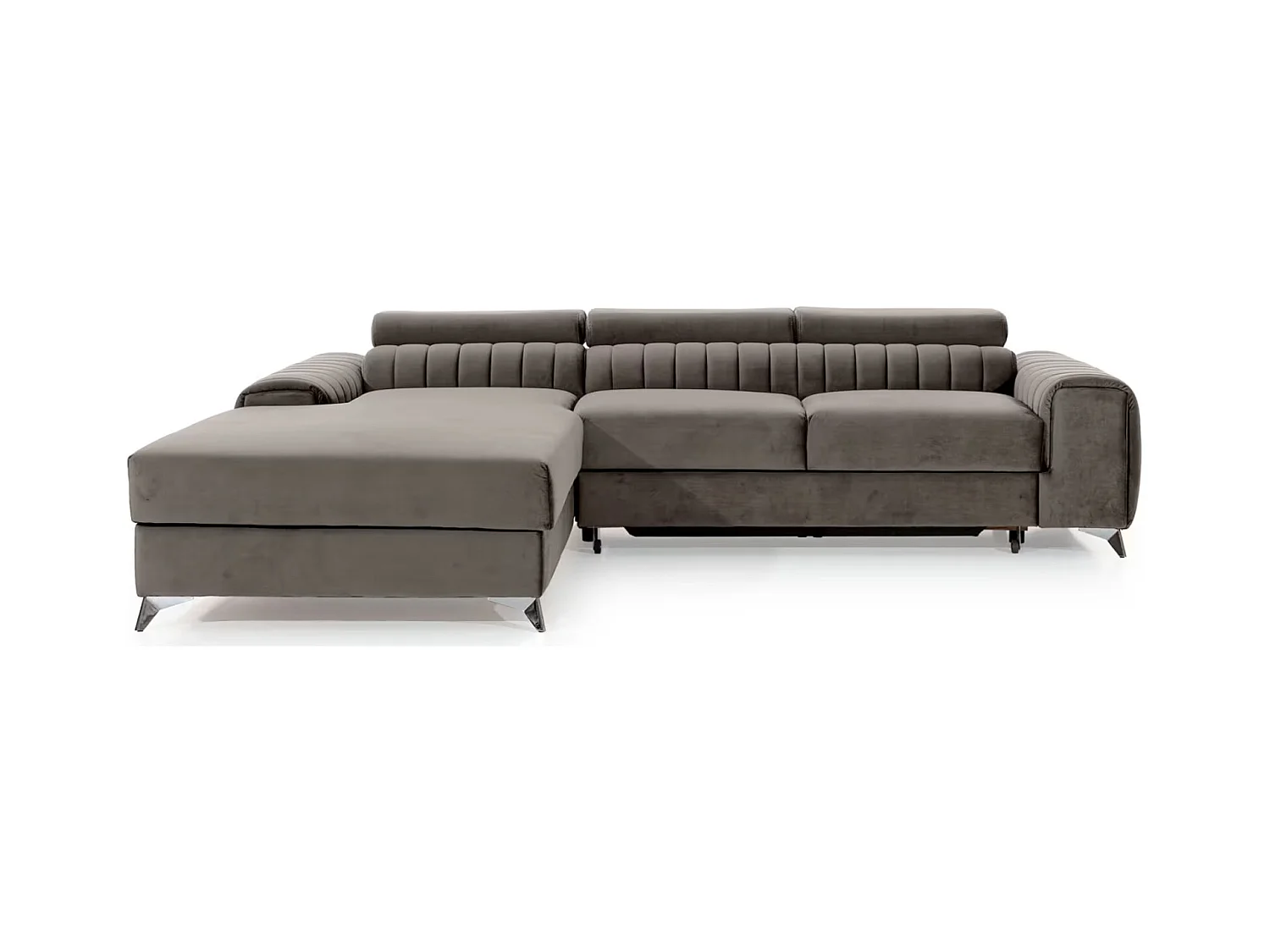 Canapé d'angle convertible velours têtière réglables GRENKY - Coffre, pieds acier chromé-Gris taupe-angle gauche