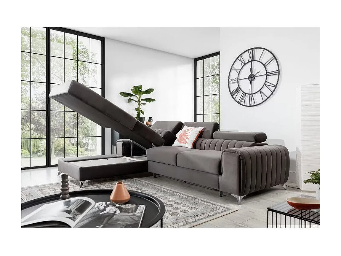 Canapé d'angle convertible velours têtière réglables GRENKY - Coffre, pieds acier chromé-Gris taupe-angle gauche