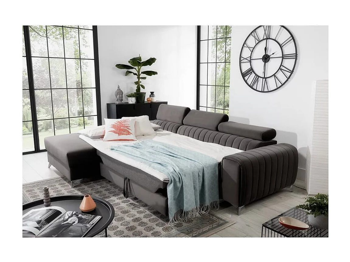 Canapé d'angle convertible velours têtière réglables GRENKY - Coffre, pieds acier chromé-Gris taupe-angle gauche