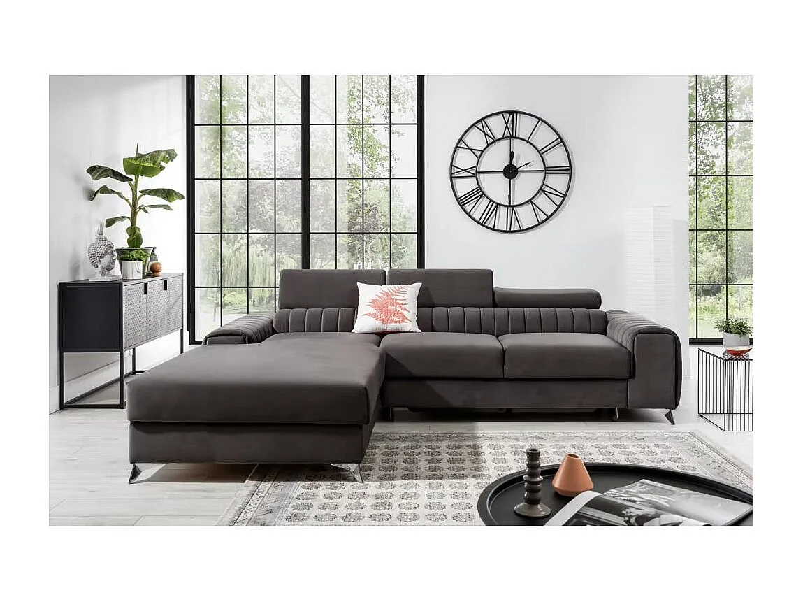 Canapé d'angle convertible velours têtière réglables GRENKY - Coffre, pieds acier chromé-Gris taupe-angle gauche