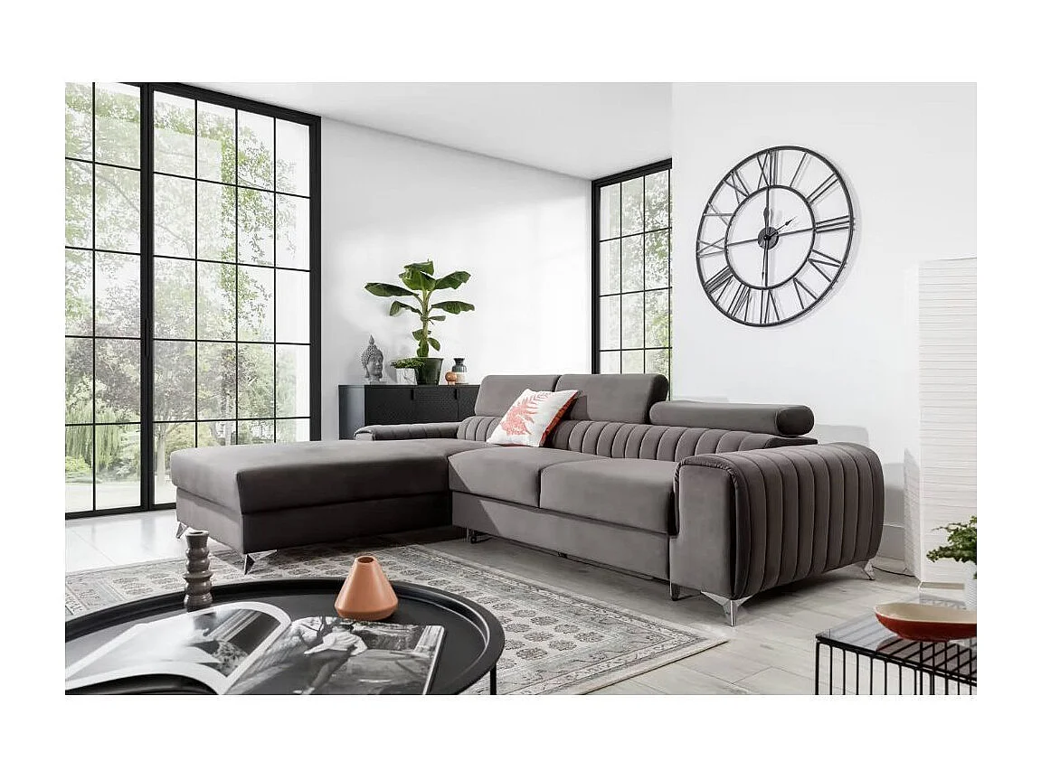 Canapé d'angle convertible velours têtière réglables GRENKY - Coffre, pieds acier chromé-Gris taupe-angle gauche